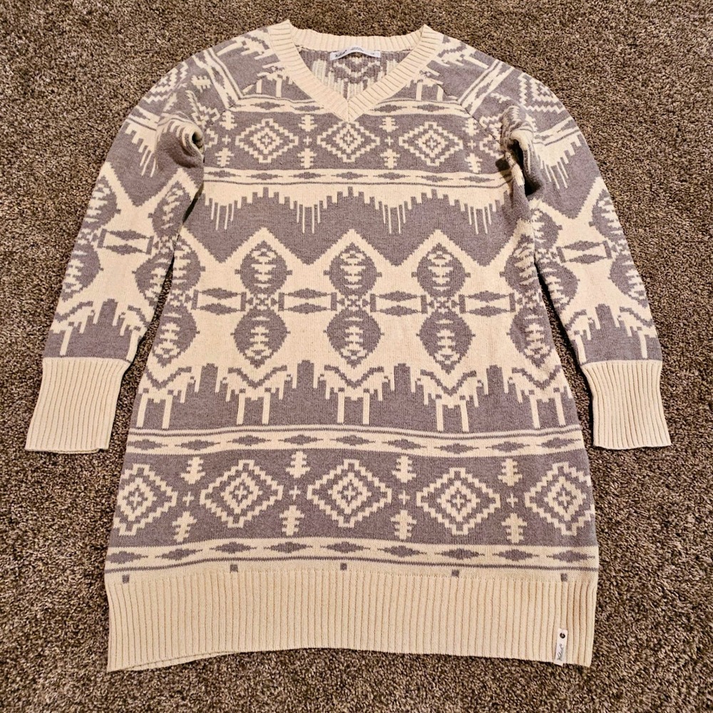 Woolrich Sweater Dress Size L Grey Cream Southwestern V-Neck Aztec Cabin Nordic